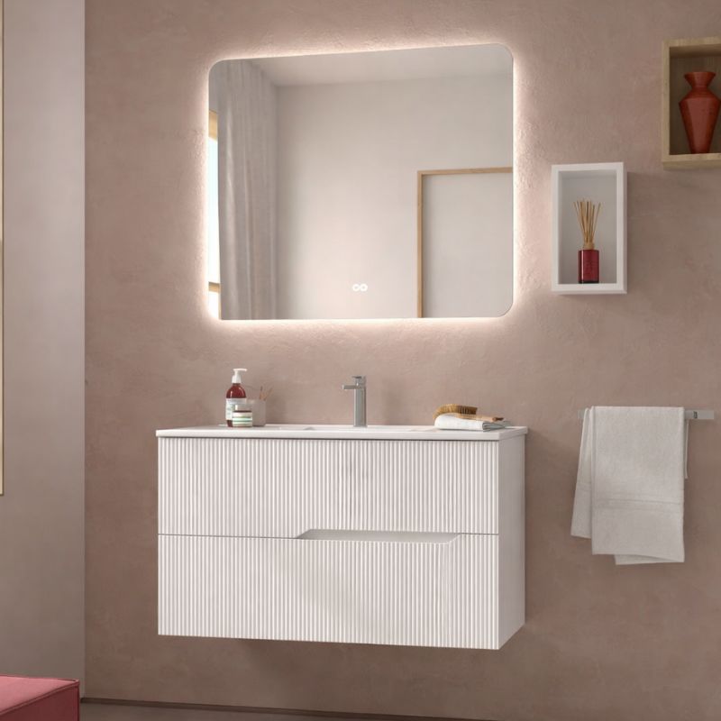 Mueble de baño suspendido bamboo 100 cm blanco mate con lavabo y 2 cajones