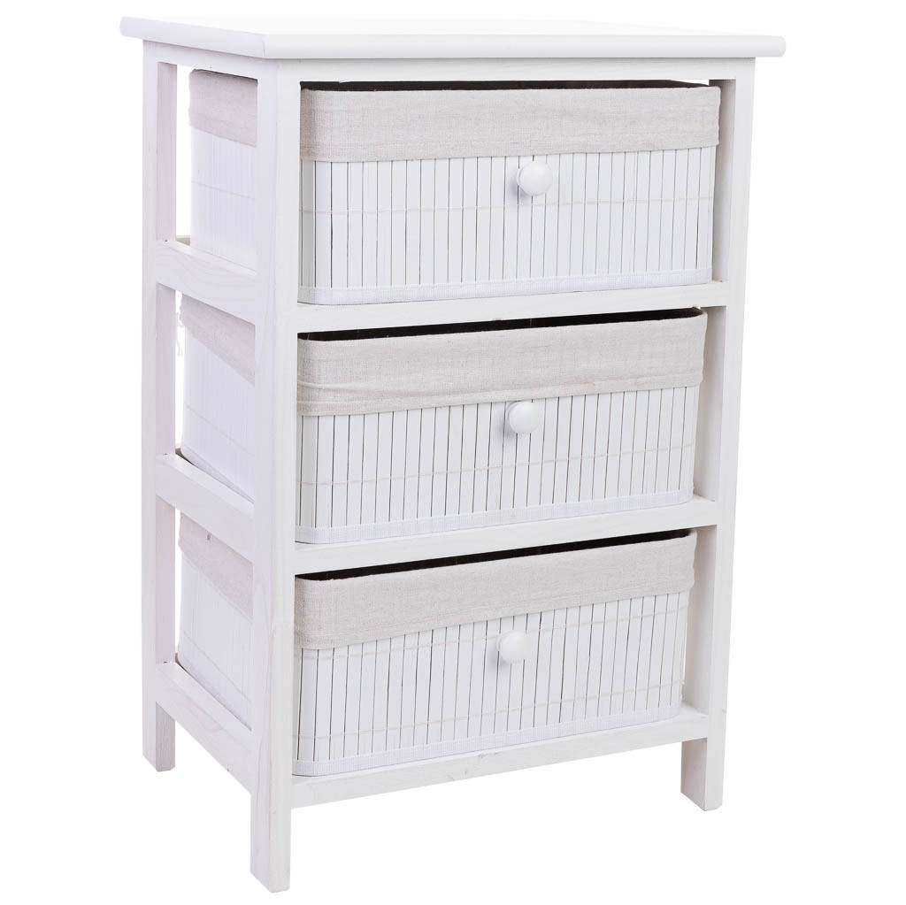 Cajonera blanca de madera con 3 cajones de bambú forrados 40x29x58 cm