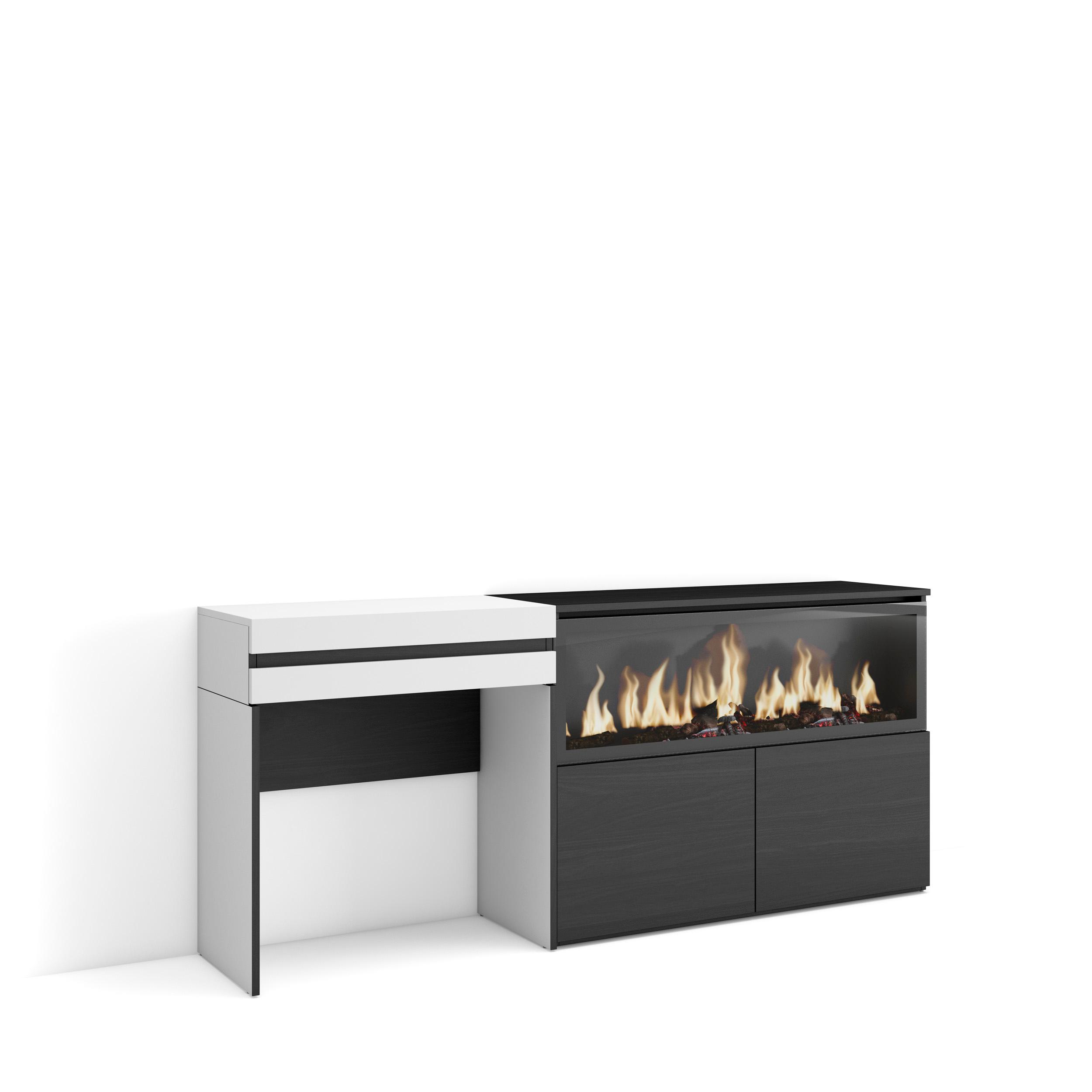 Tocador, 177x35x75cm, blanco, chimenea eléctrica xxl