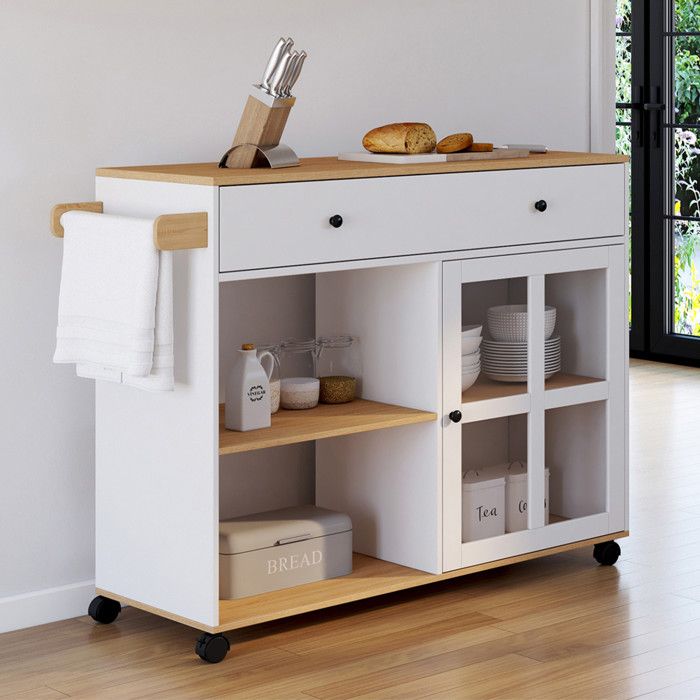Carro auxiliar de cocina con ruedas de madera blanca - l100 cm