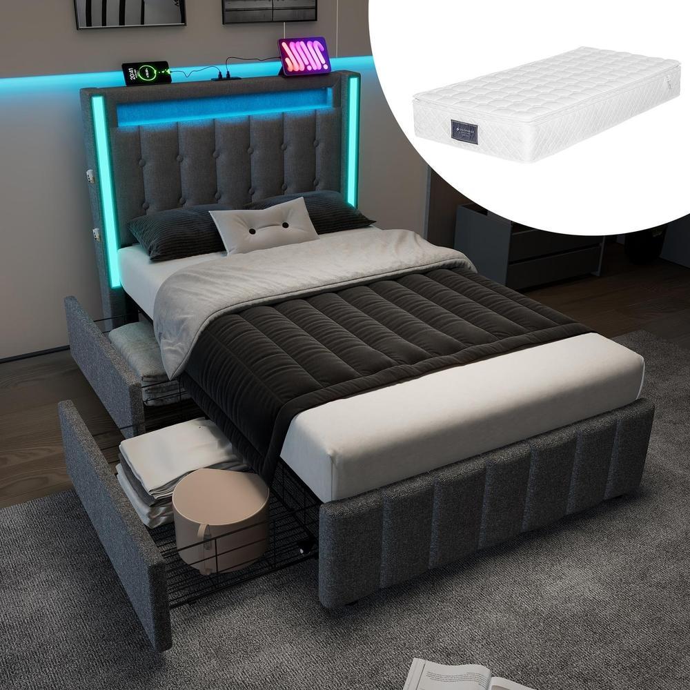 Cama tapizada 90x200cm LED multicolor, cabecero usb-c, 2 cajones, gris