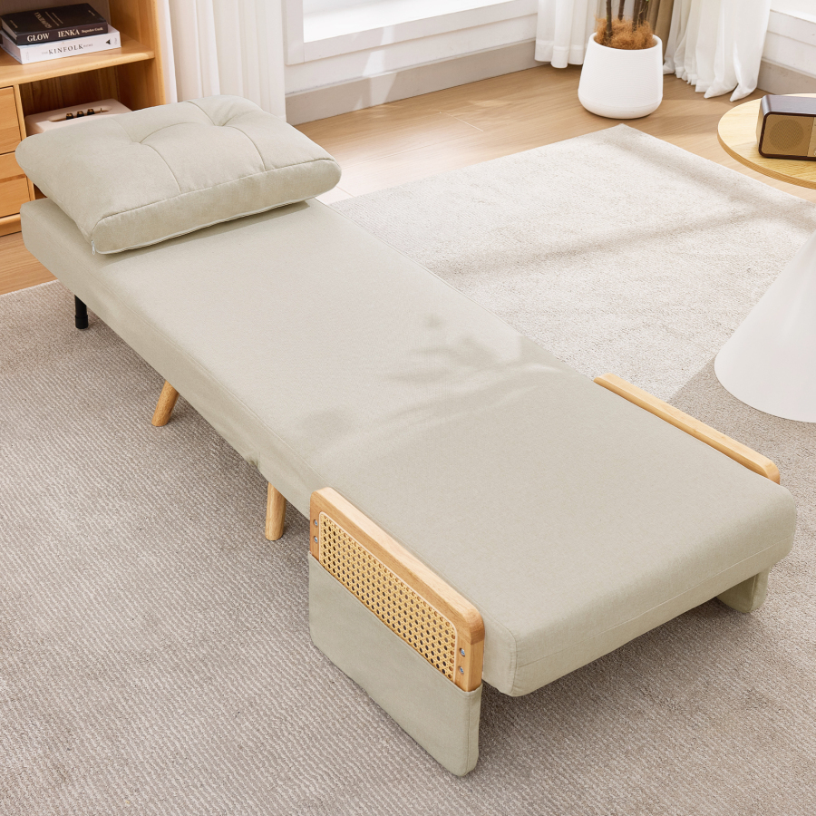 Sillón cama plegable de lino beige 1 plaza con respaldo ajustable