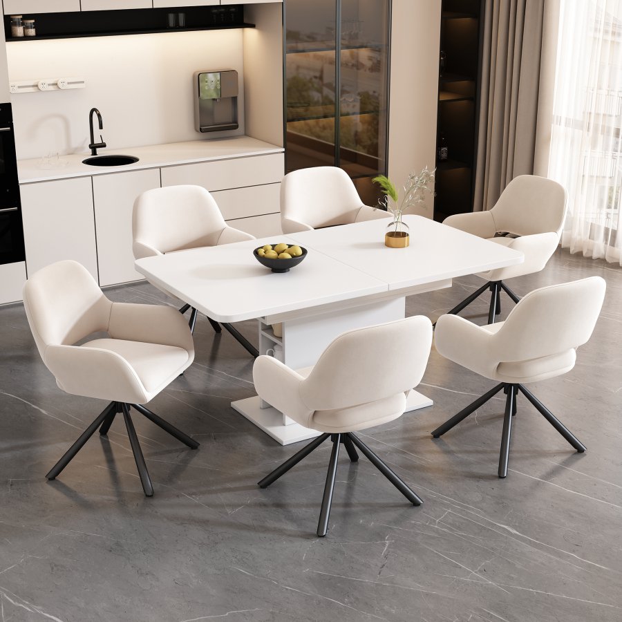 Conjunto de mesa extensible con 6 sillas beige y almacenaje