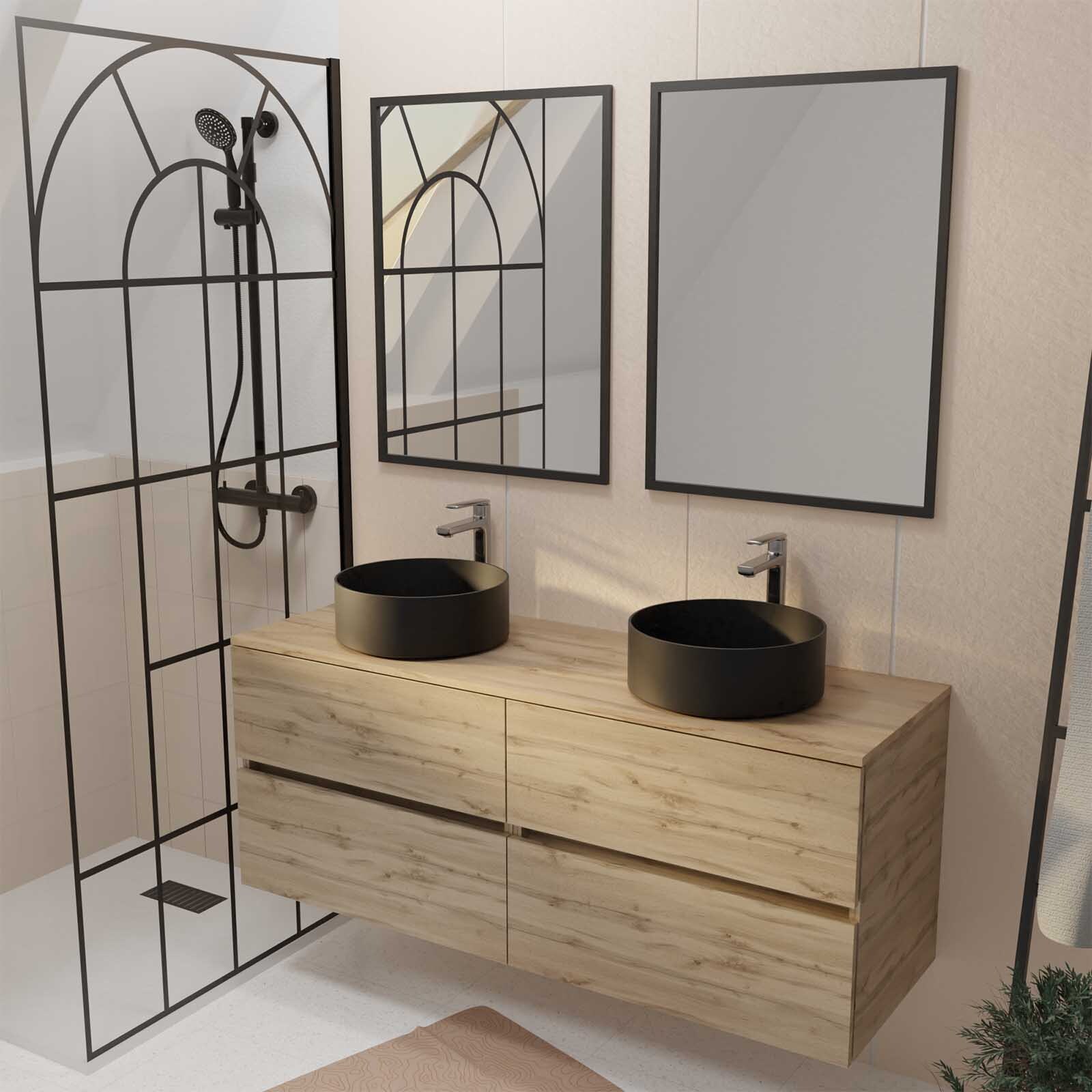 Mueble baño 120cm 4 cajones roble, lavabos negros ø36cm, 2 espejos 60x80