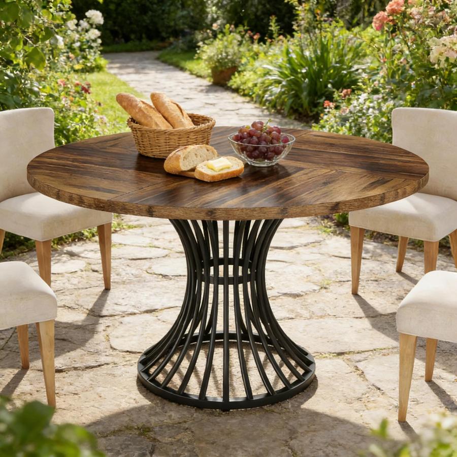 Mesa de comedor redonda para 6 personas negro y marron rustico mdf metal