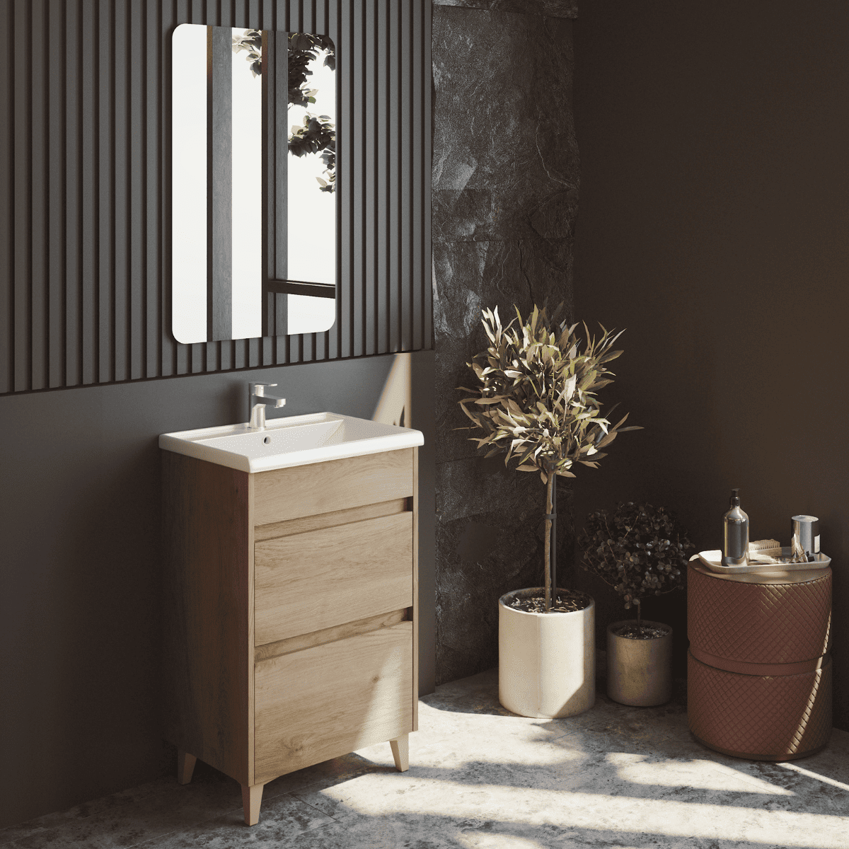 Mueble a suelo lavabo fondo reducido | 2 cajones | 60 cm roble natural