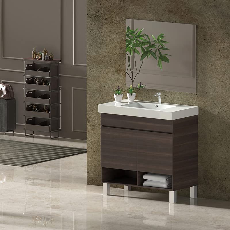 Mueble de baño nebari, lavabo y espejo 50x40cm con puertas fresno tea
