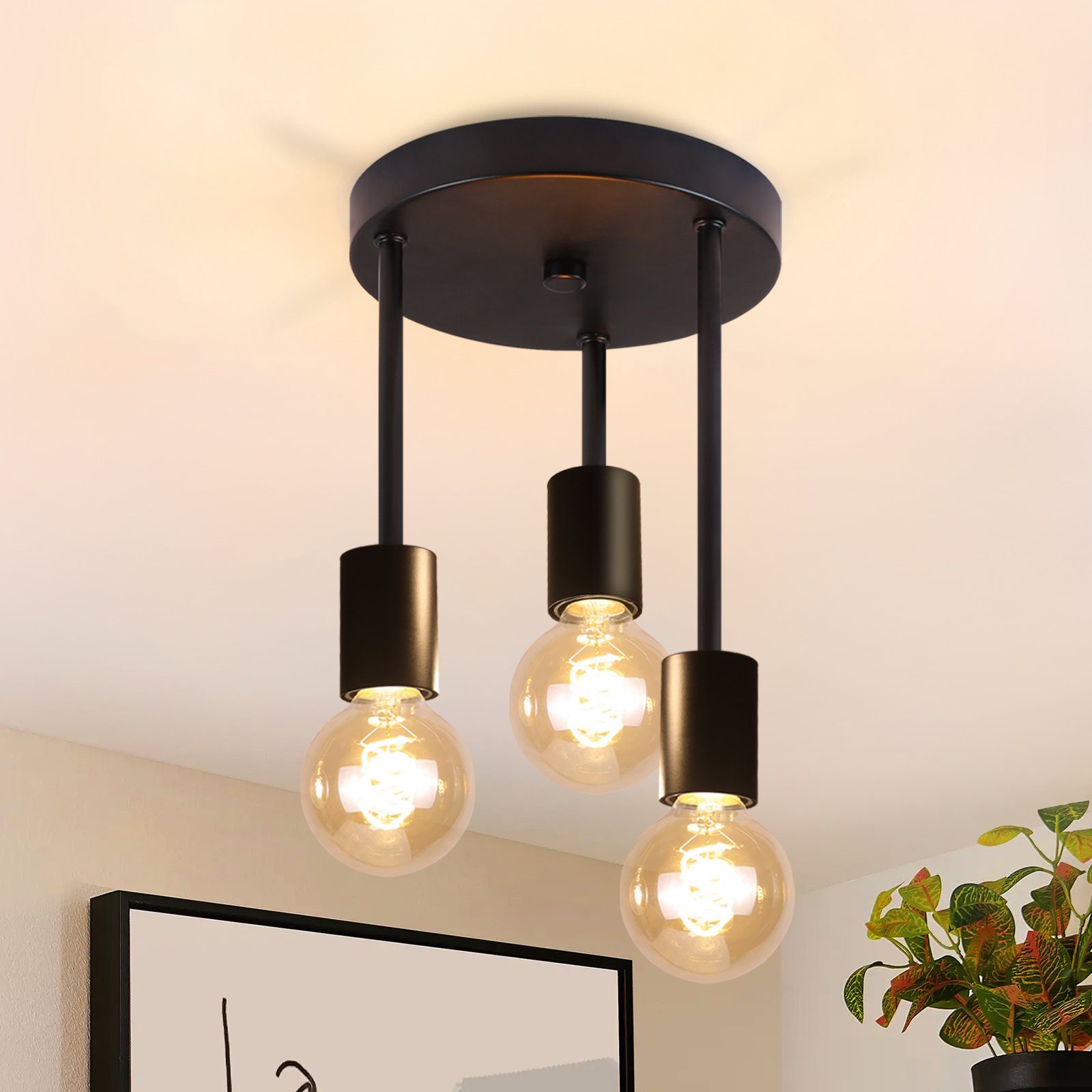 Nettlife lámpara negra vintage - foco suspendido E27 de 3 luces con 3