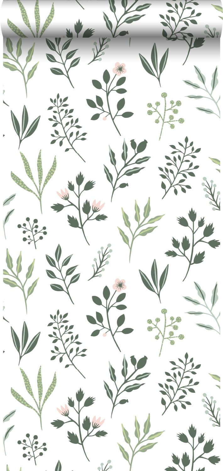 Walls4you papel pintado flores silvestres verde y blanco - 53 cm x 10.05 m