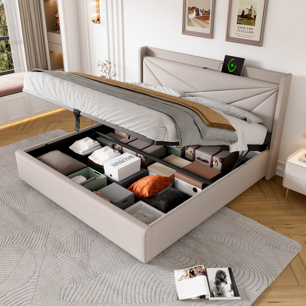 Cama Doble Tapizada 160x200cm con Canapé y USB-C, Algodón+Lino – Beige