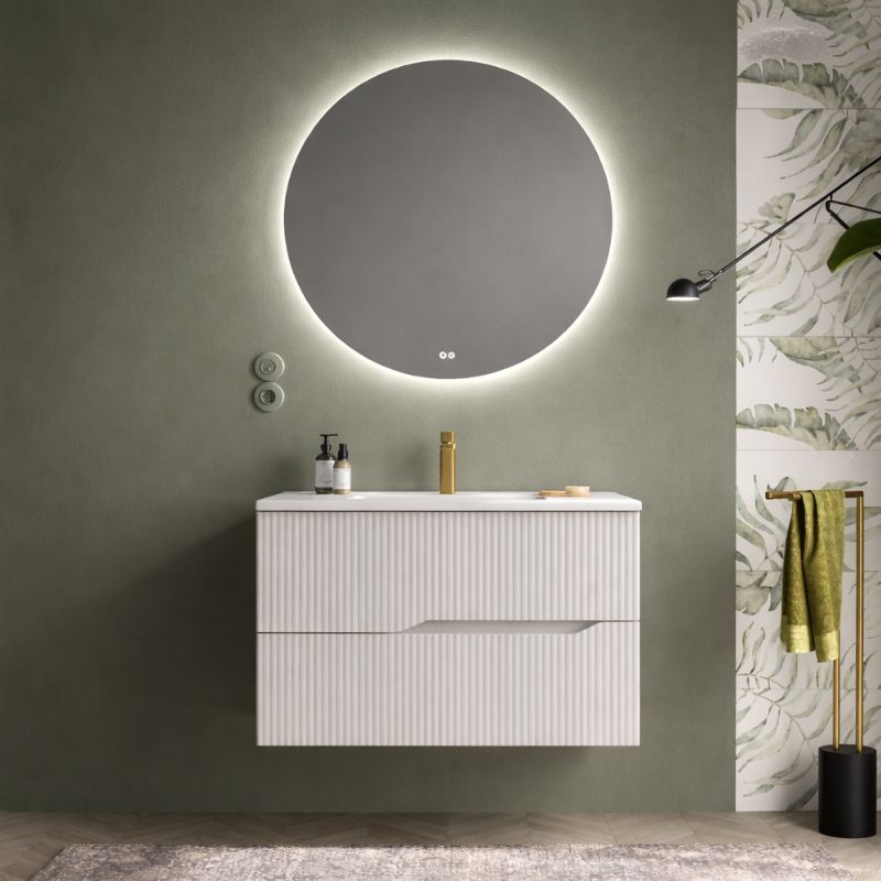 Mueble de baño suspendido bamboo 80 cm blanco mate con lavabo y 2 cajones