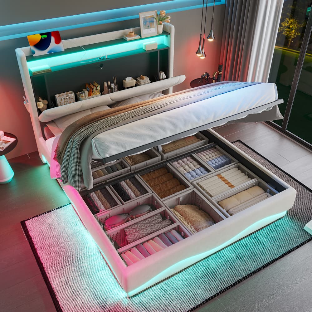 Cama 160x200cm con base elevable, iluminación LED y usb – terciopelo beige