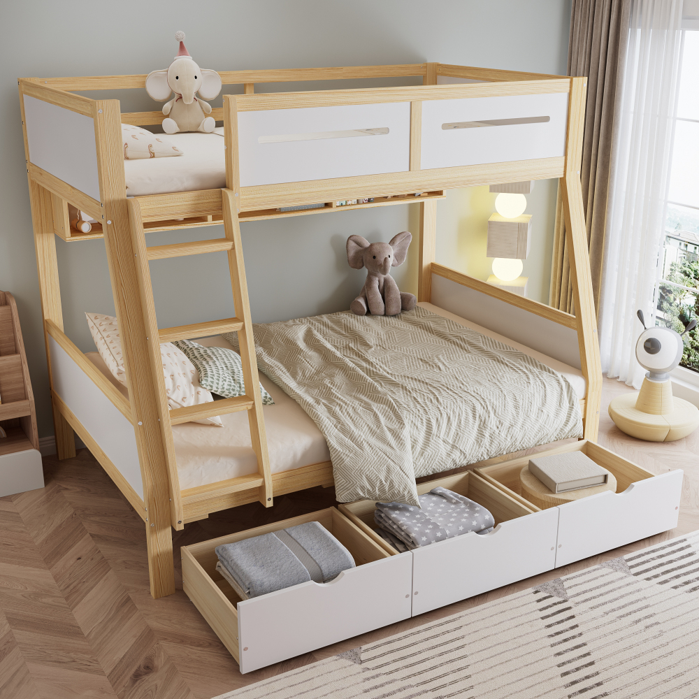 Litera 90/120x200cm con 3 cajones y estantería madera – blanco+natural
