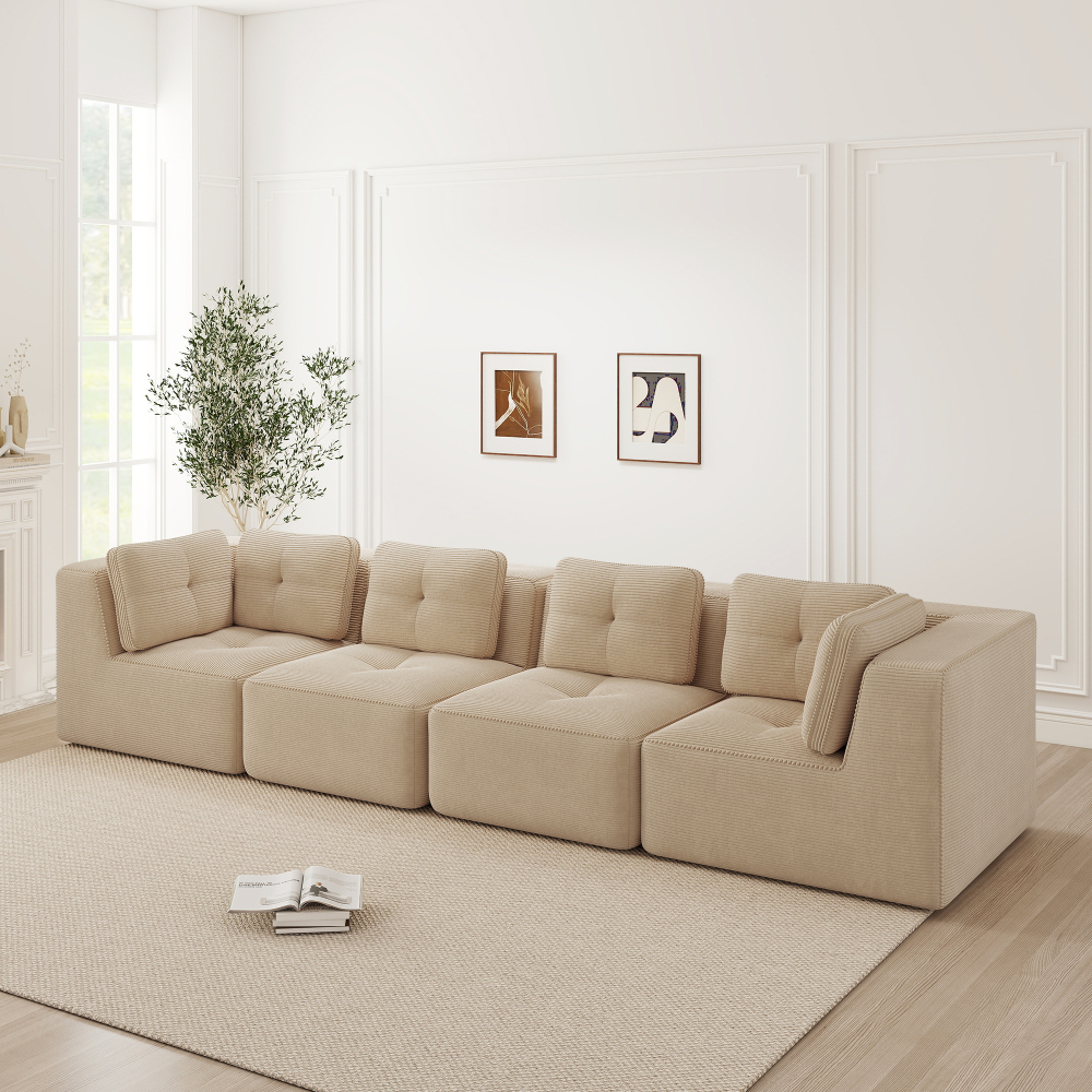 Sofá modular de esquina pana beige 4 plazas cojines antideslizante