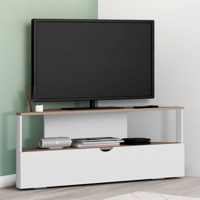 Mueble de tv esquinero moderno - madera blanca - 100 cm