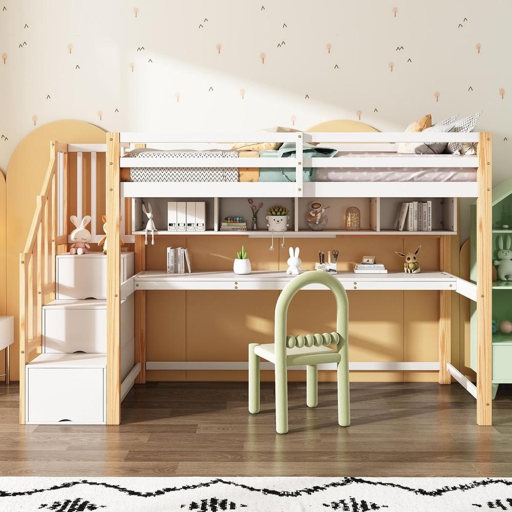 Litera infantil con escalera almacenaje y escritorio 90x200cm blanco