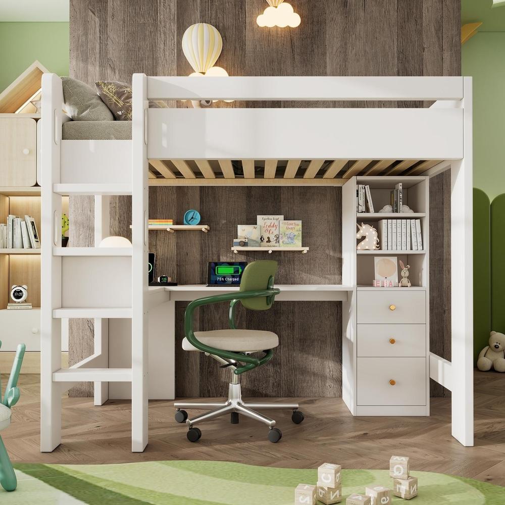 Cama infantil 90x200cm blanca con escritorio usb-c 3 estantes
