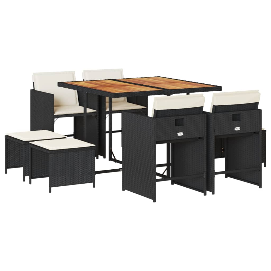 vidaXL set de comedor de jardín 9 pzas y cojines ratán sintético negro