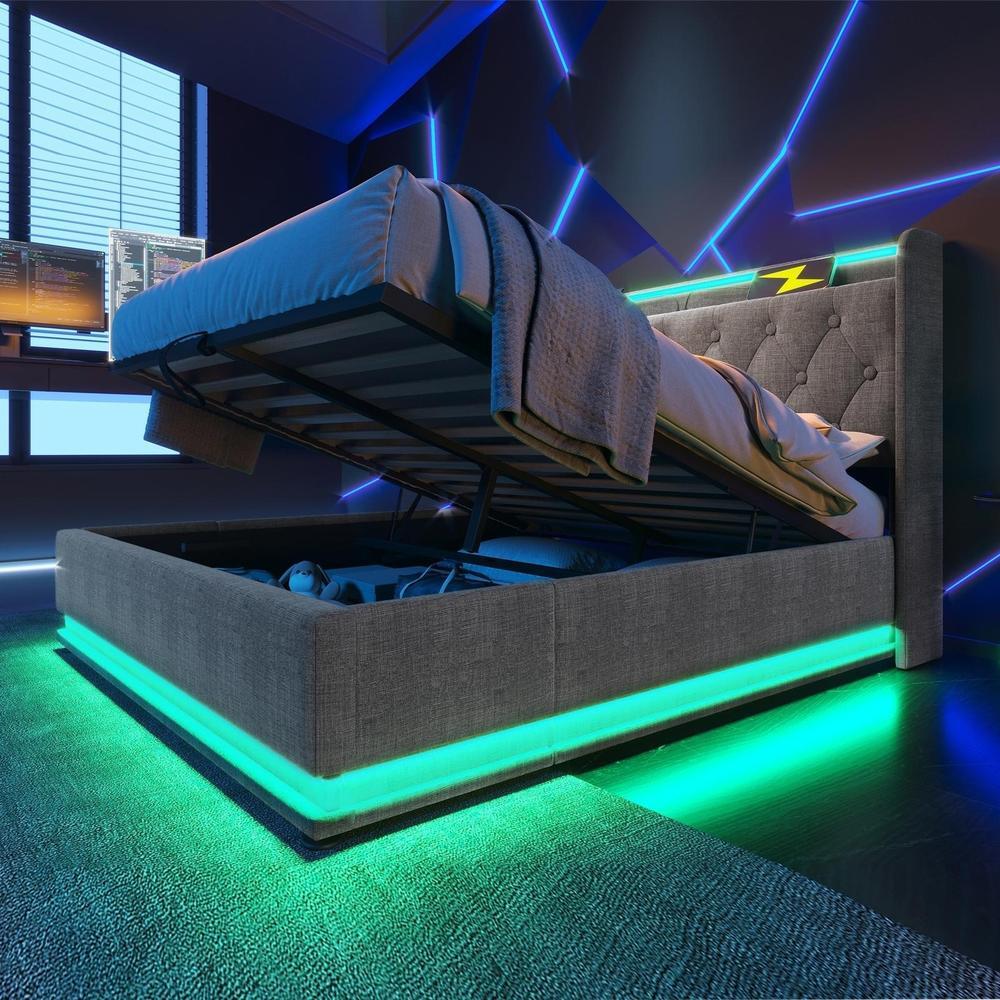 Cama doble LED 360° con arcón hidráulico 140x190cm, con app, gris