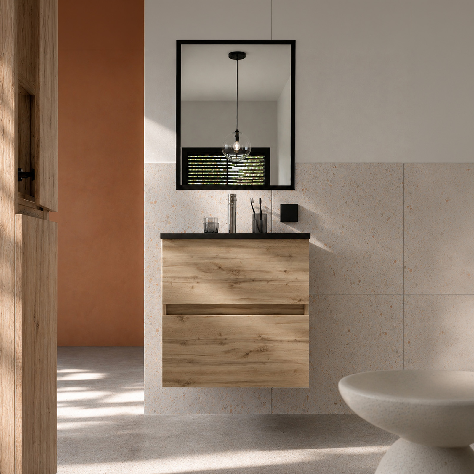Mueble de baño 50 acabado roble 2 cajones lavabo negro y espejo 50x70cm