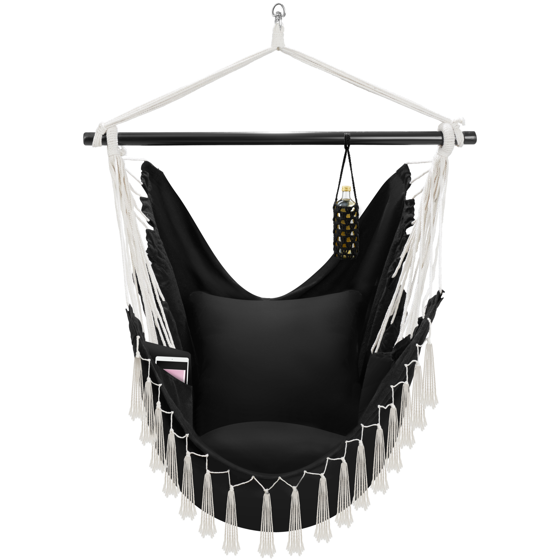 Silla colgante bohemia cojines gruesos, carga de 150 kg y bolsa, negro