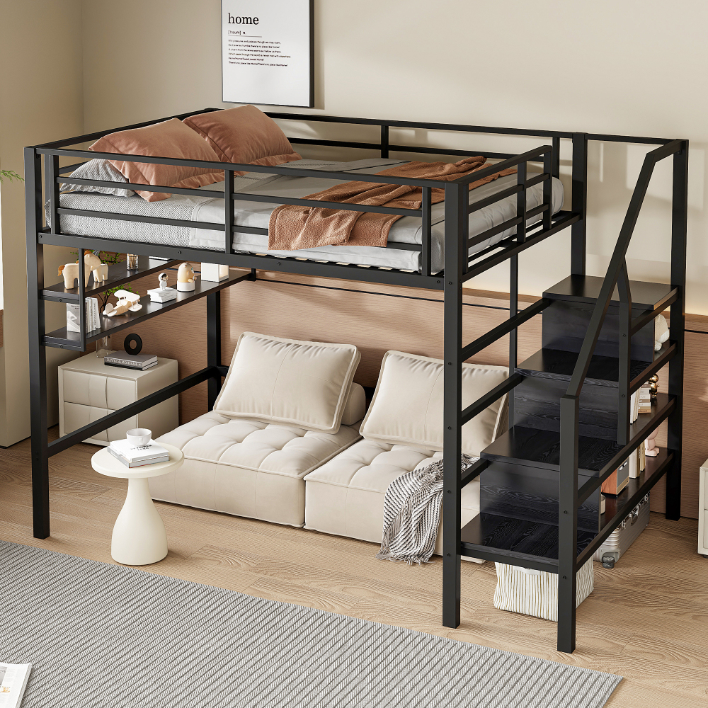 Cama alta 140x200cm con estantes, barra y almacenamiento metal y mdf negro