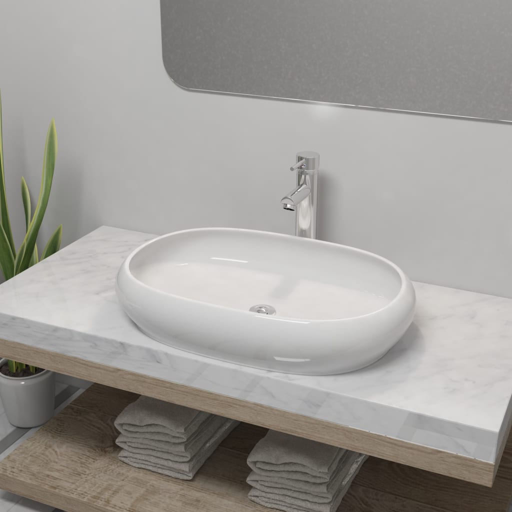 Lavabo de baño ovalado con grifo mezclador cerámica blanco es4007
