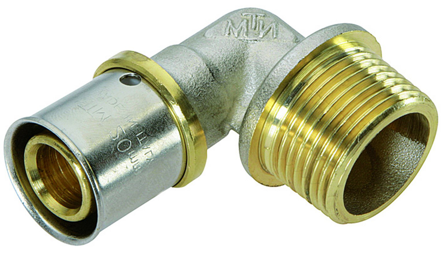 Racor acodado de 90° de latón engarzado m 20 x 27 para tubo multicapa