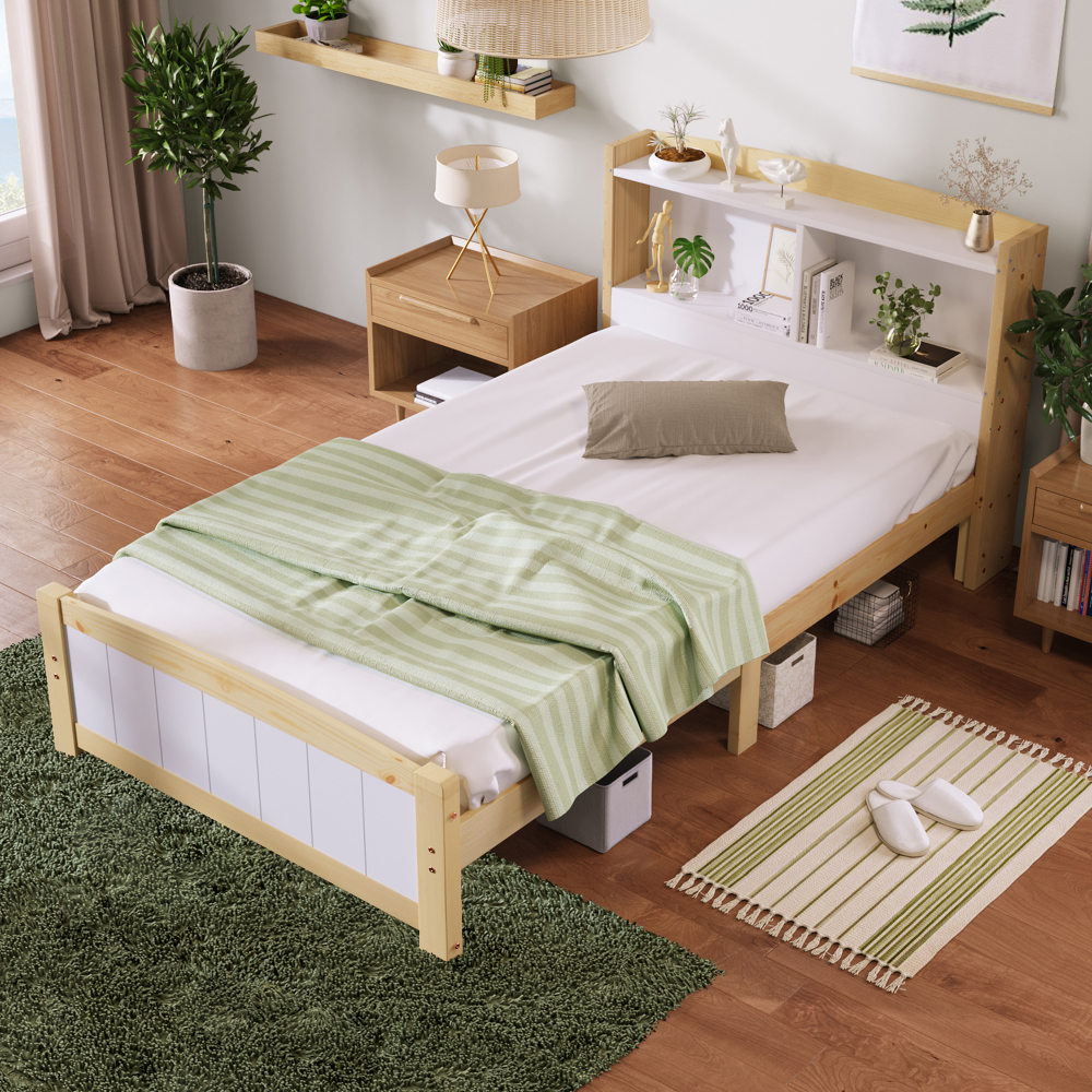 Cama individual 90x200cm cabecero de almacenamiento, madera maciza, blanco