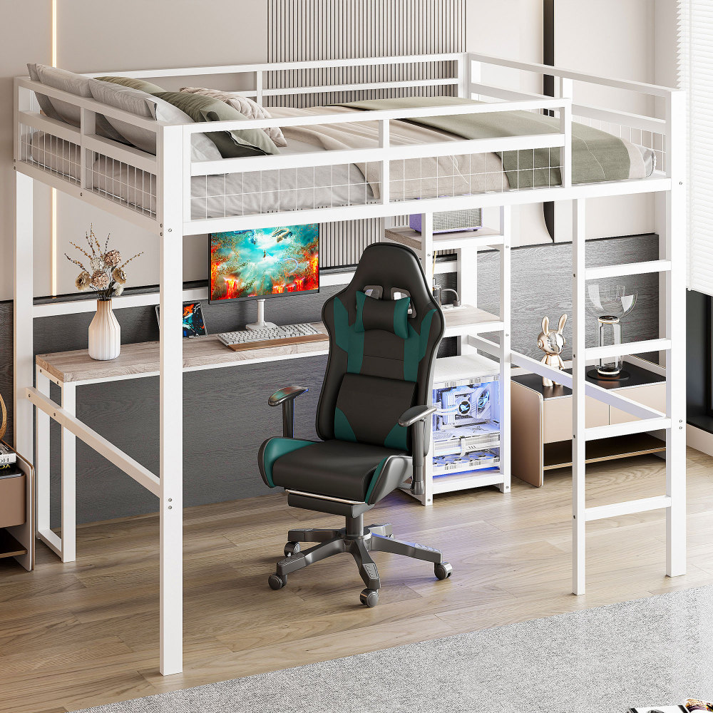 Cama alta 140x200cm con escritorio, estantes y usb metal y mdf – blanco