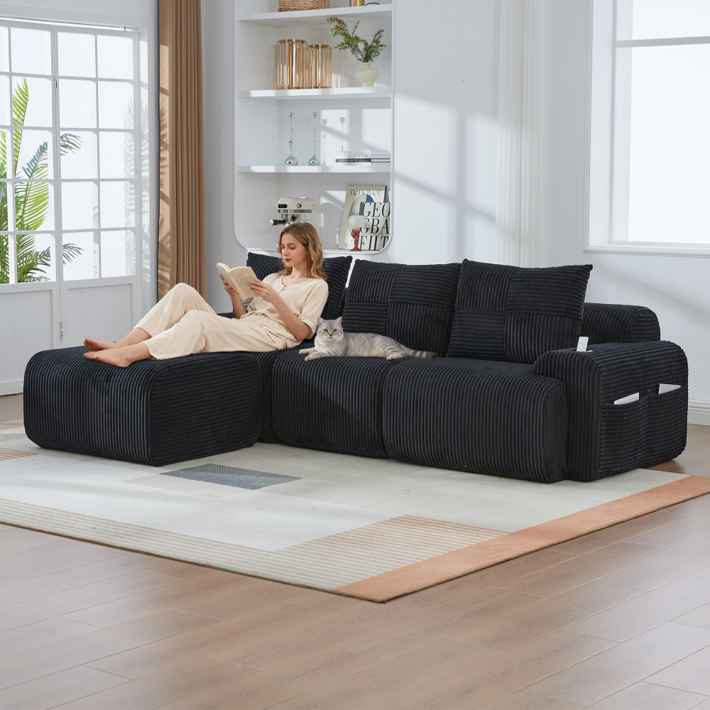 Sofá modular 3 plazas pana negro con reposapiés portavasos y bolsillo