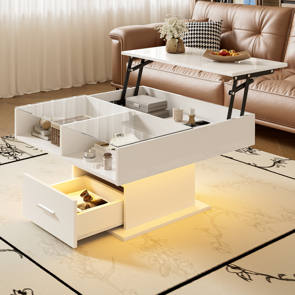 Mesa de centro elevable LED blanco 45.5/59.5x78x78cm