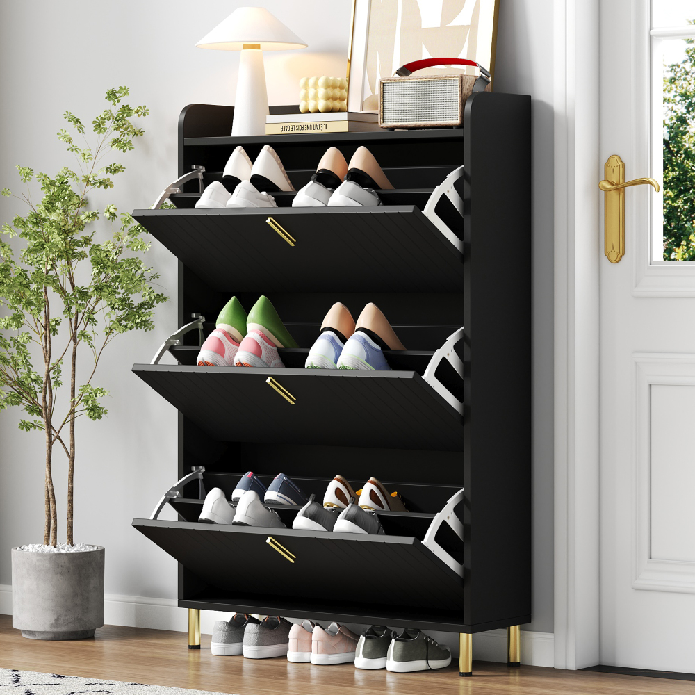 Zapatero estrecho con 3 puertas abatibles negro 123,5x80x23,5cm