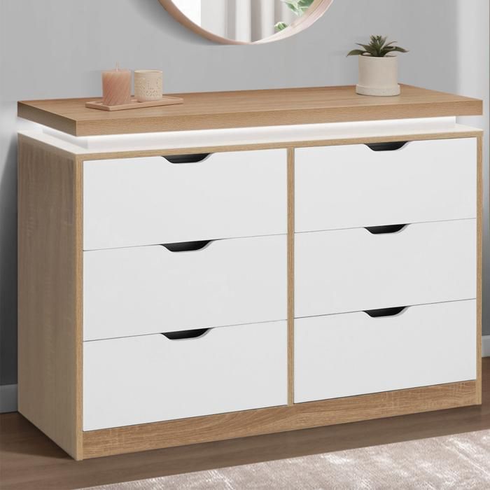 Cómoda moderna de 6 cajones con LED en blanco y madera de 115 cm
