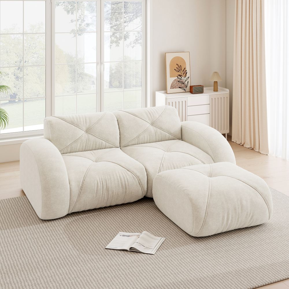 Sofá modular 2 plazas chenilla blanco con reposapiés diseño flexible