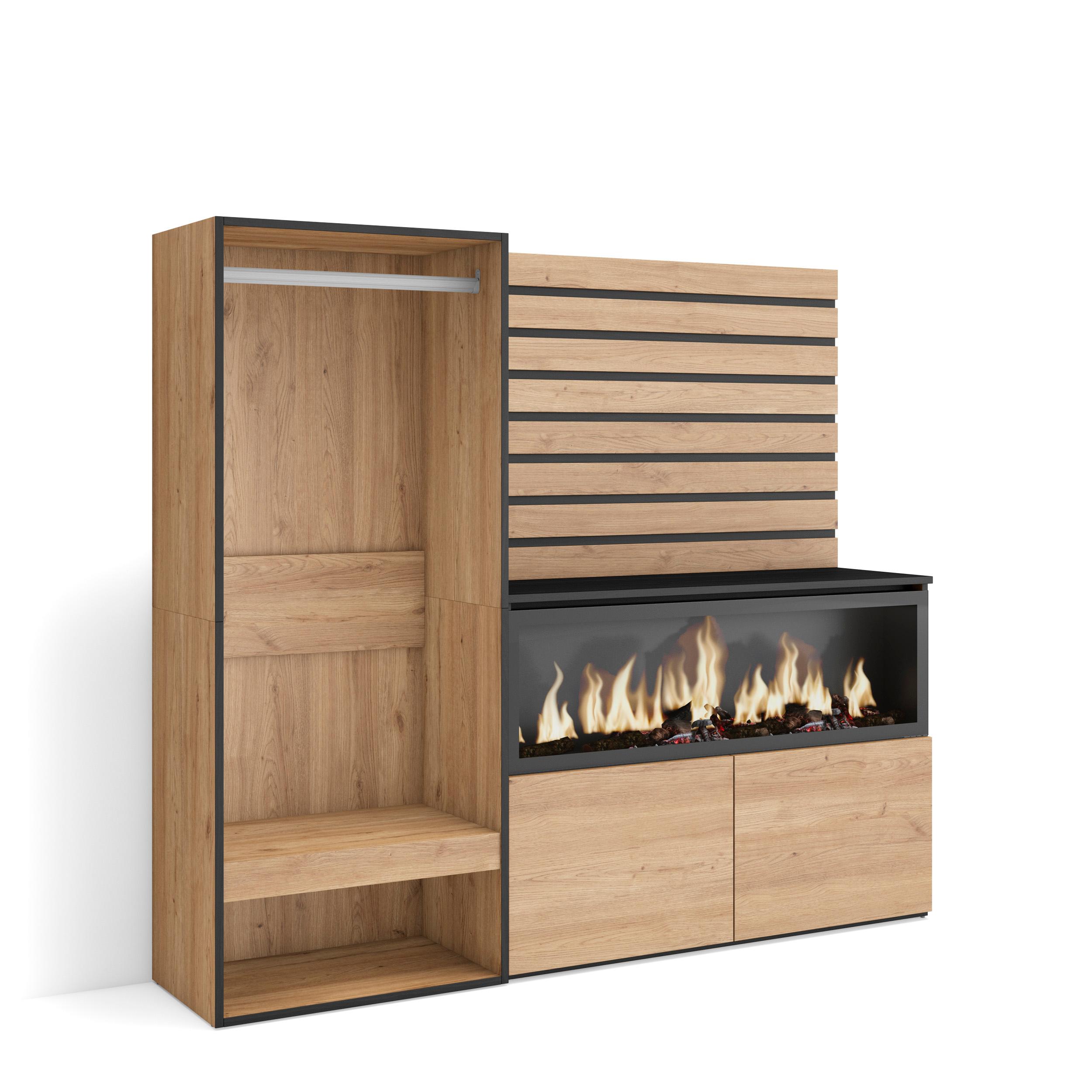 Aparador, 167x35x145cm, chimenea eléctrica xxl, vestidor abierto rf3396