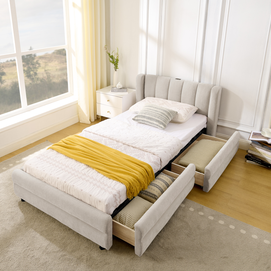 Cama tapizada 90x200cm con cajones laterales y puerto usb chenilla – beige