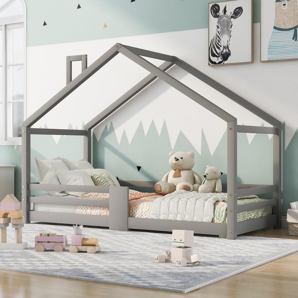 Cama infantil casa 90x200cm madera maciza con barandilla y somier gris