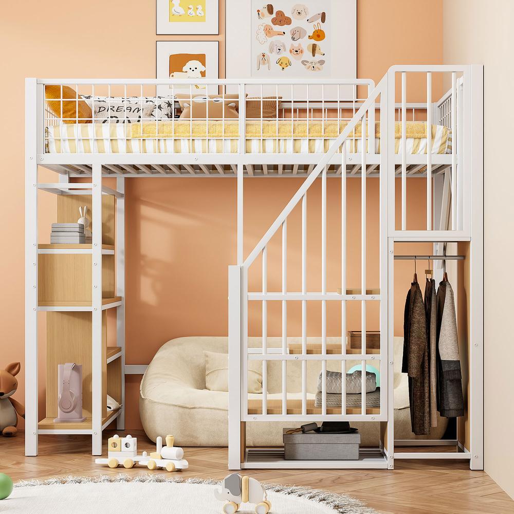 Cama alta 90x200 cm de metal con escalera y estantes, blanca