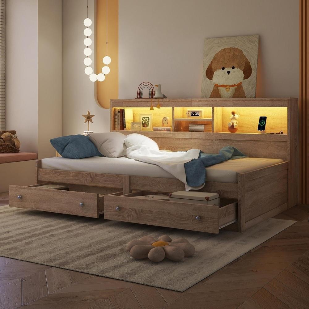 Cama sofá 90x200cm con LED, 2 usb, 2 enchufes, cajones, natural
