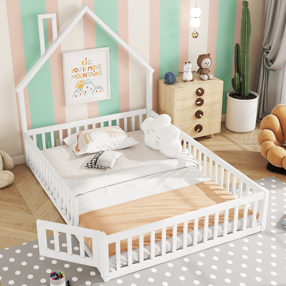 Cama casita infantil 140x200cm con barandilla y somier, pino y mdf – blanco