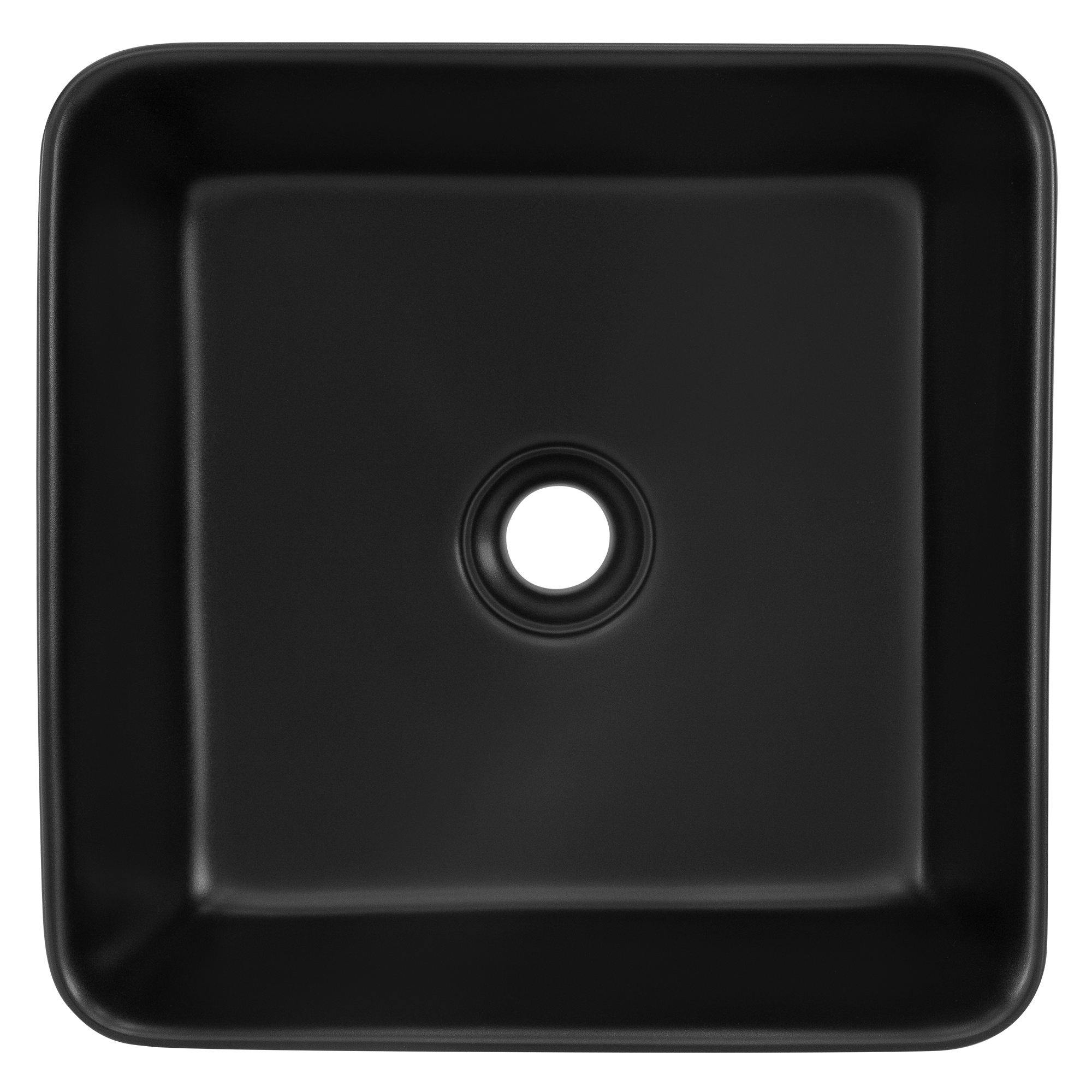 Lavabo negro cuadrado de cerámica con desagüe plateado para baño