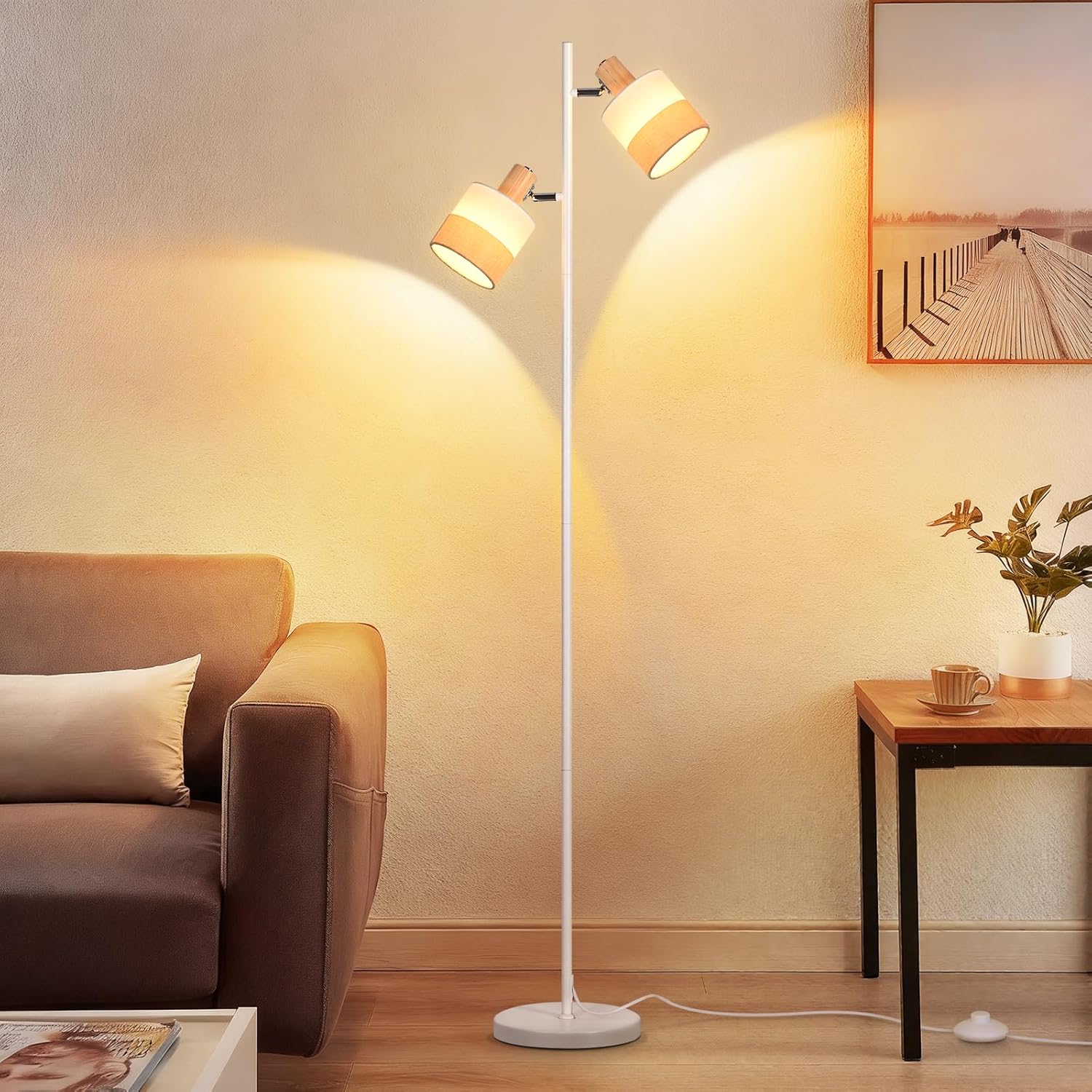 Nettlife lámpara pie madera 2 luces e14 retro pantallas giratorias