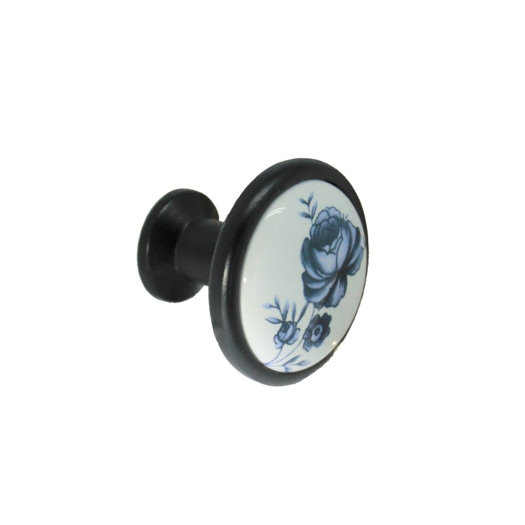 Pomo de mueble en porcelana blanca, sobre base negra mate de 32 mm