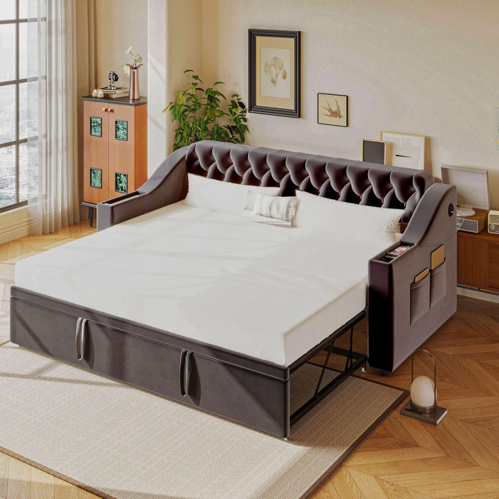 Cama nido 90/180x190cm, sofá cama con almacenaje usb terciopelo gris oscuro
