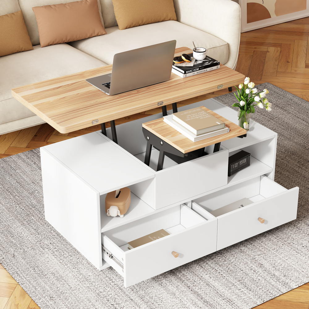 Mesa de centro elevable con 4 cajones madera natural blanco 47,5x100x50cm