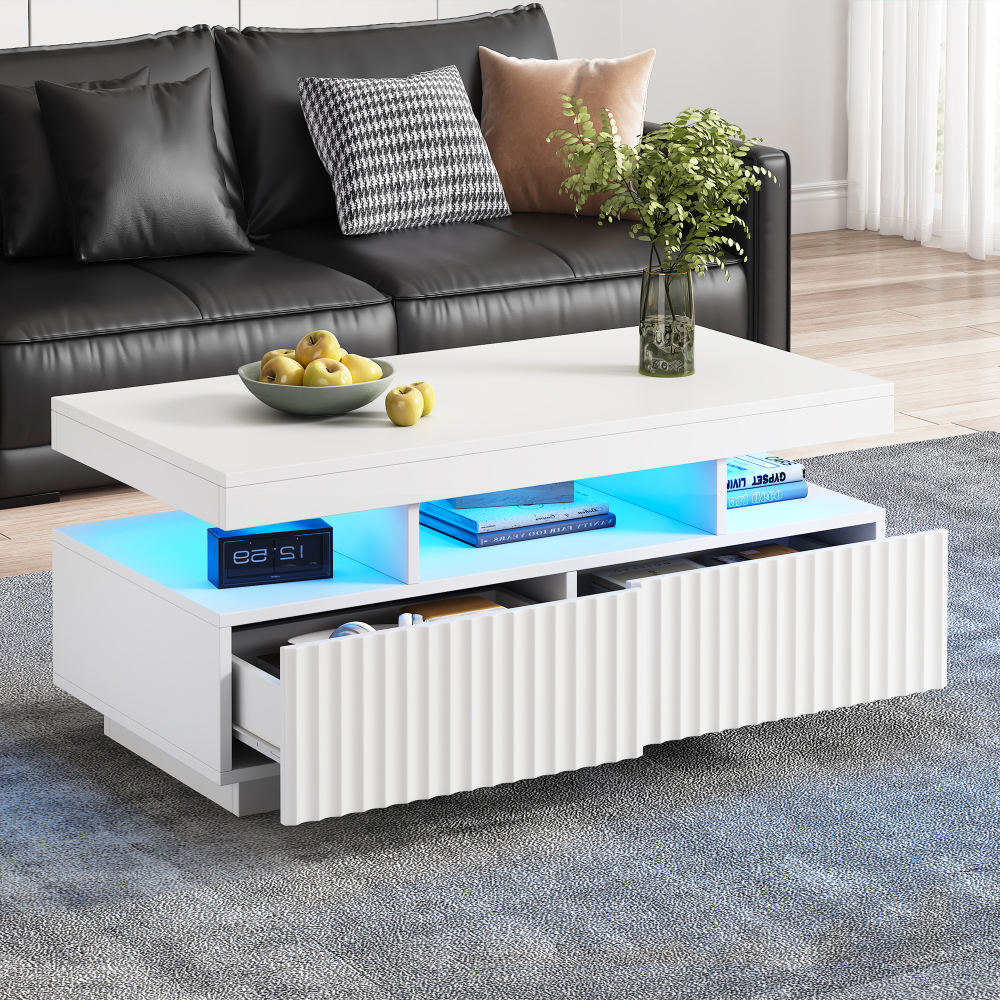 Mesa de centro con LED y 2 cajones blanco 45x100x50cm