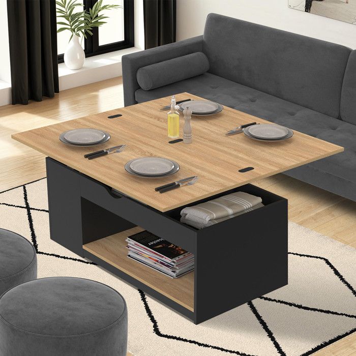 Mesa de centro elevable negra imitación haya 100 cm
