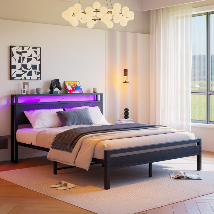 Cama con almacenaje 140x190cm con usb y LED mdf y metal – negro
