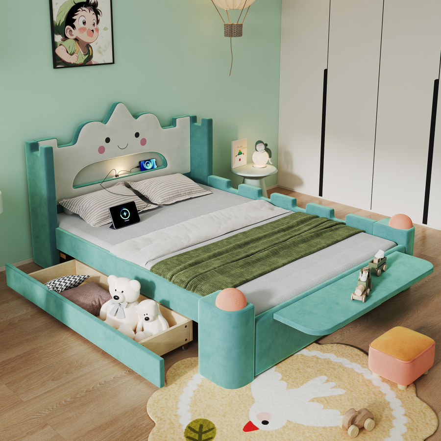 Cama doble 140x200cm con lámpara de lectura, usb y cajones terciopelo azul